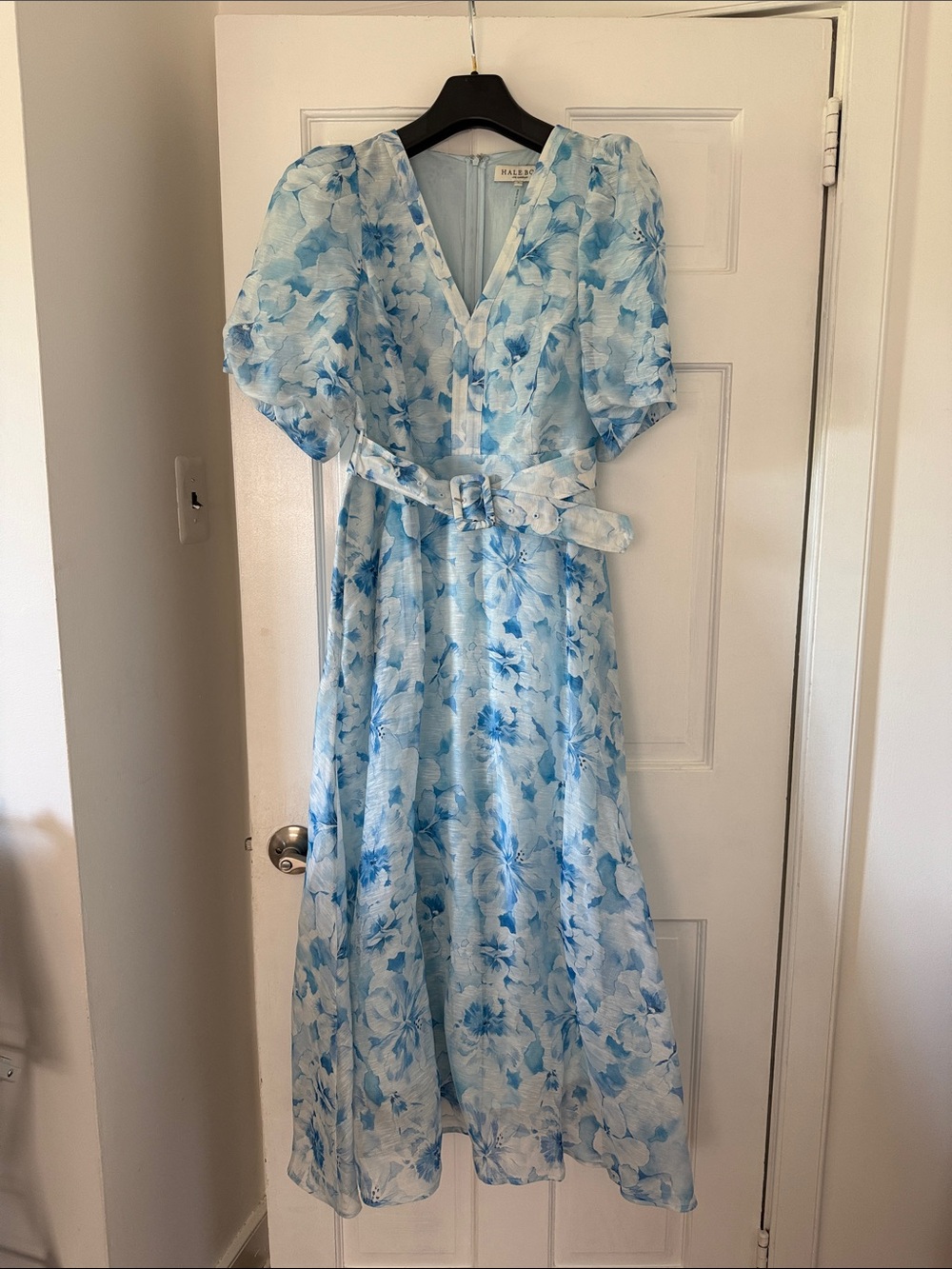 Blue Floral Midi Dress with Belt